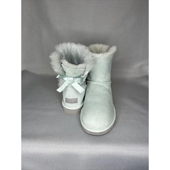 Womens Ugg Boots Sz 8 Ice Blue Bailey Bow Mini Suede Sherpa Coquette Festival - Picture 1 of 13